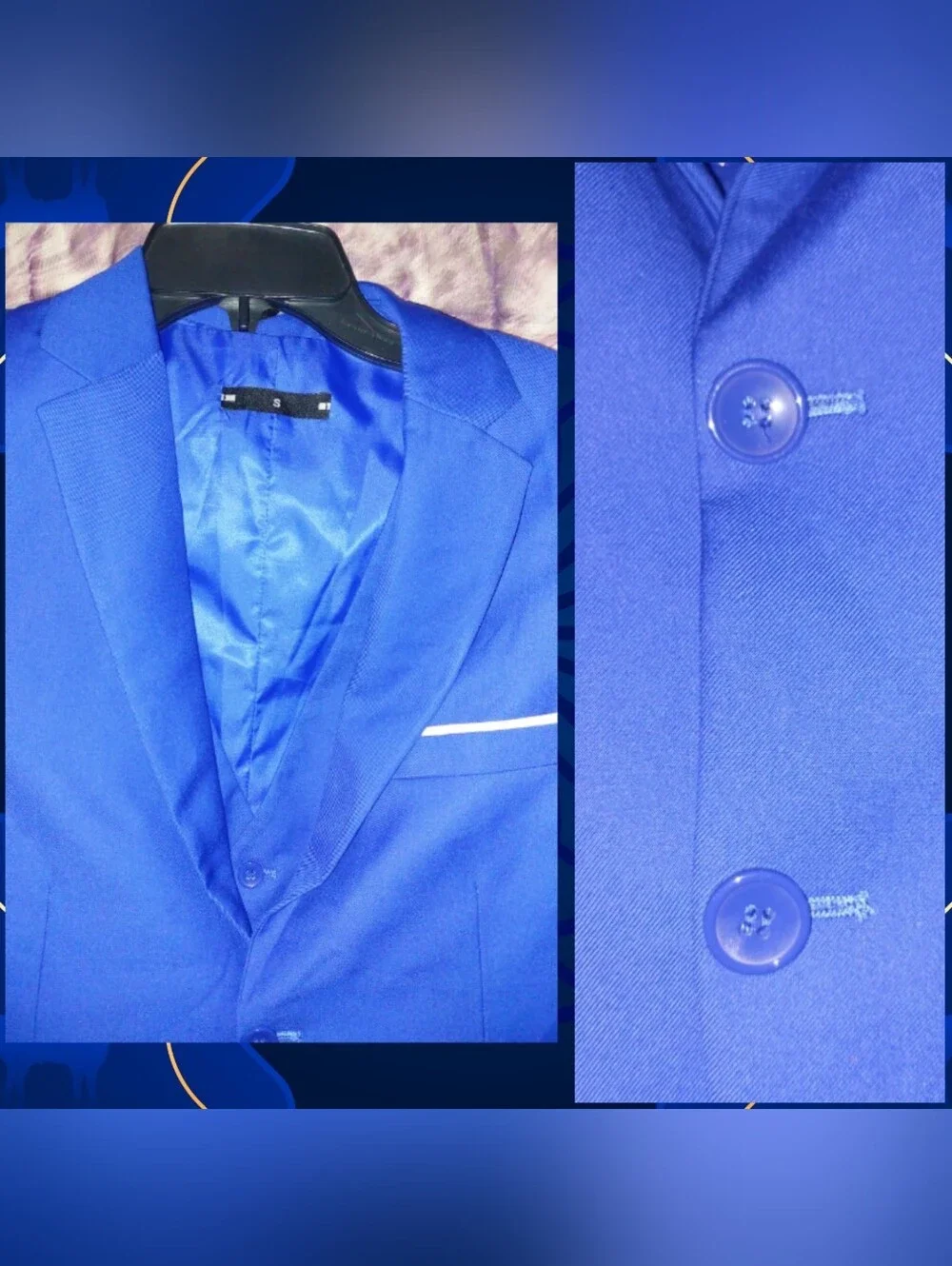 Unbranded 2Pc Set Royal Blue Classic Tailored Fit Soft Woven Blazer & Vest Sz S